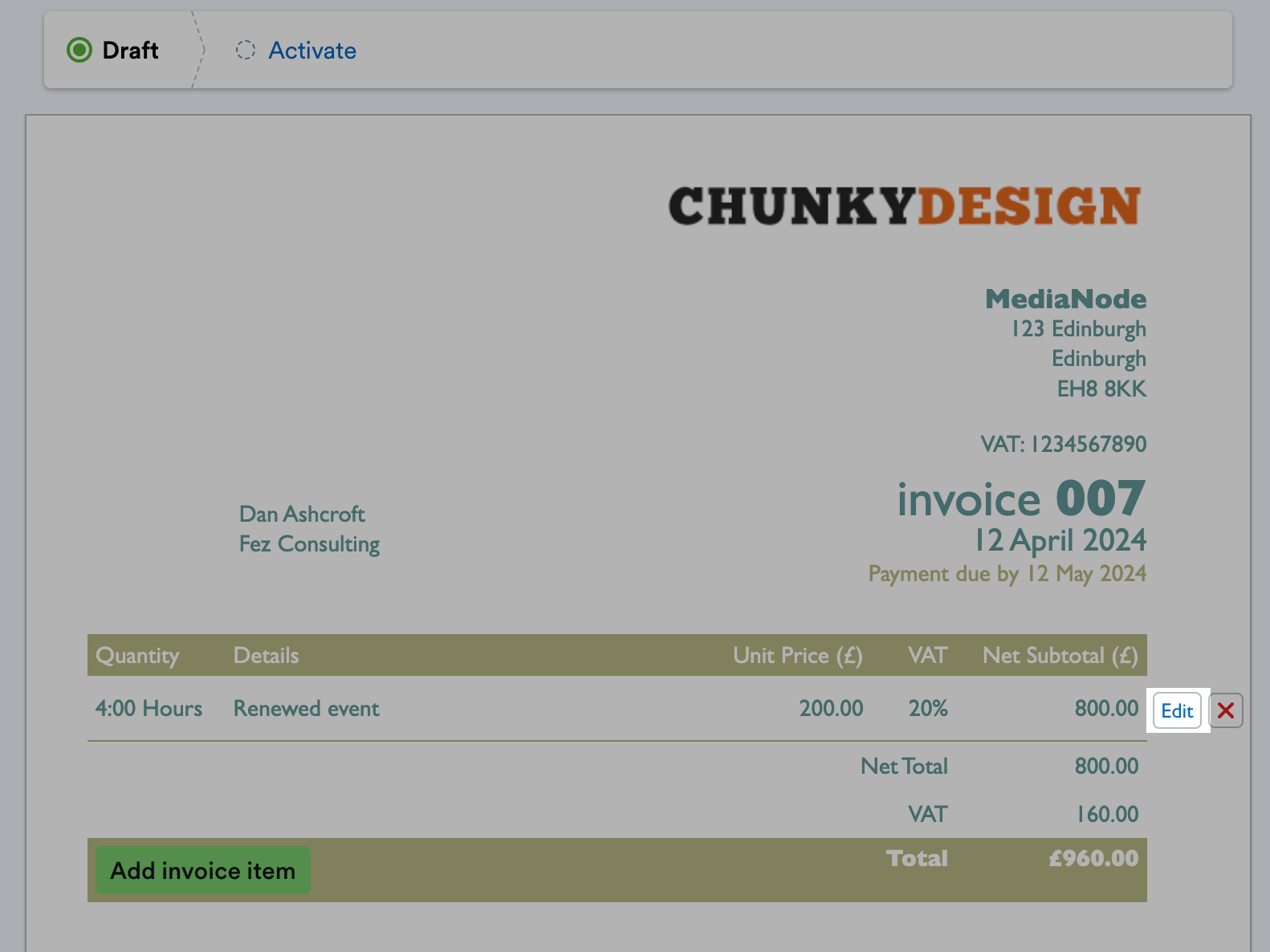 'Edit' button highlighted next to Invoice line item.