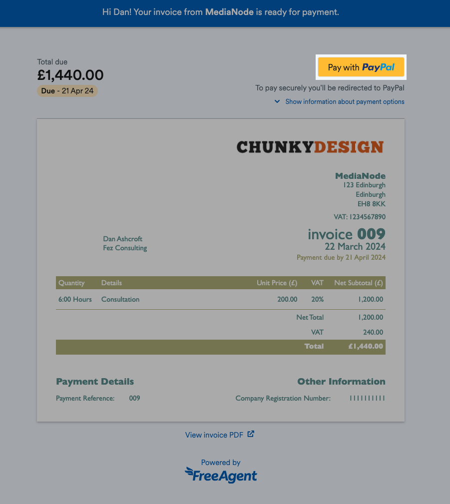 FreeAgent invoice with a Pay with PayPal button highlighted