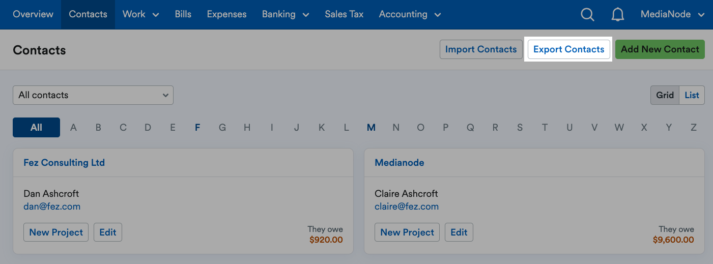 Contacts page with Export Contacts button highlighted