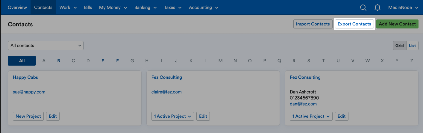 Contacts screen with Export Contacts button highlighted