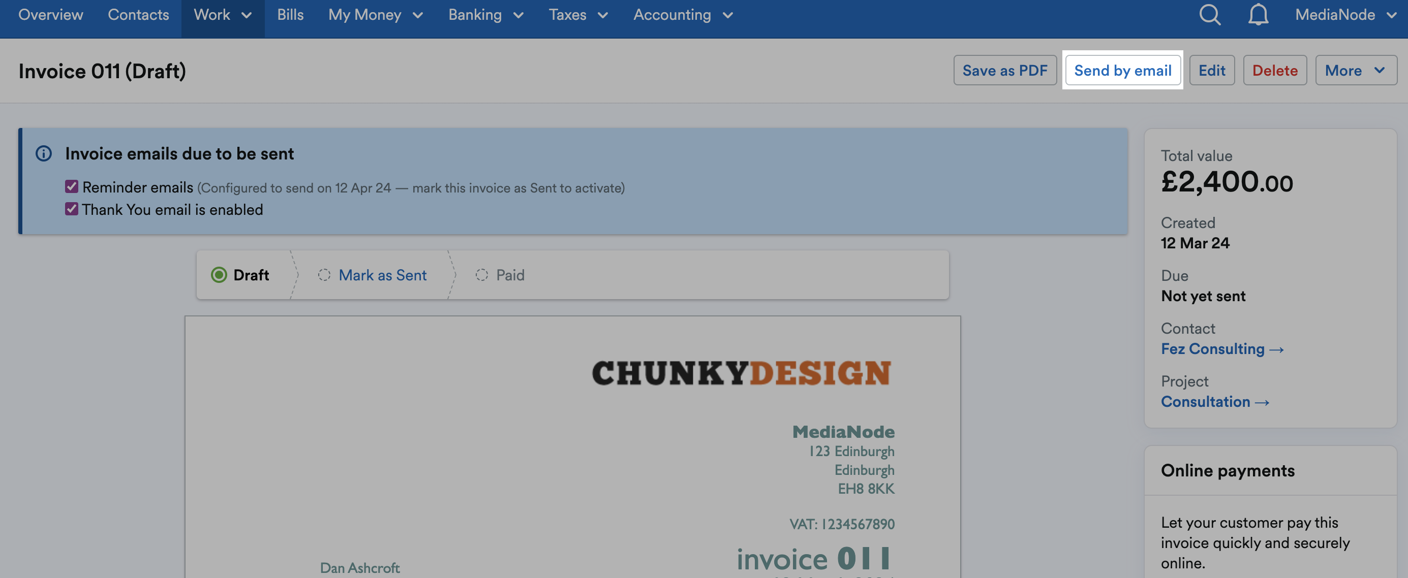 'Send by email' button highlighted at top of Invoice page.