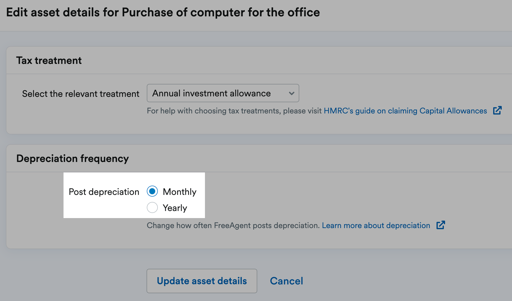 depreciation frequency options highlighted