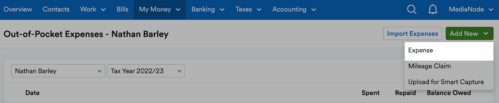 'Expense' selected from Add New drop down menu.