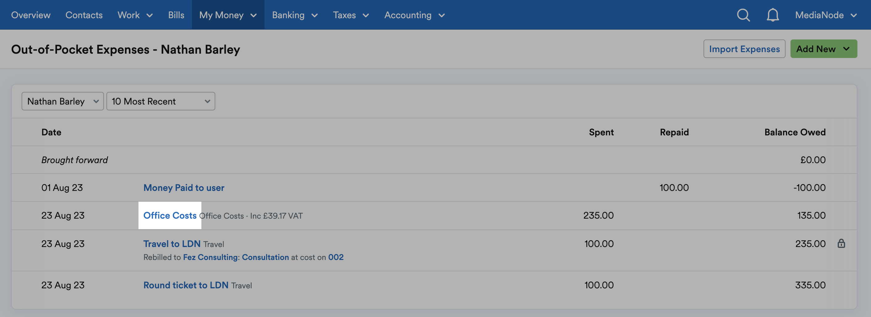 Specific expense highlighted in the list
