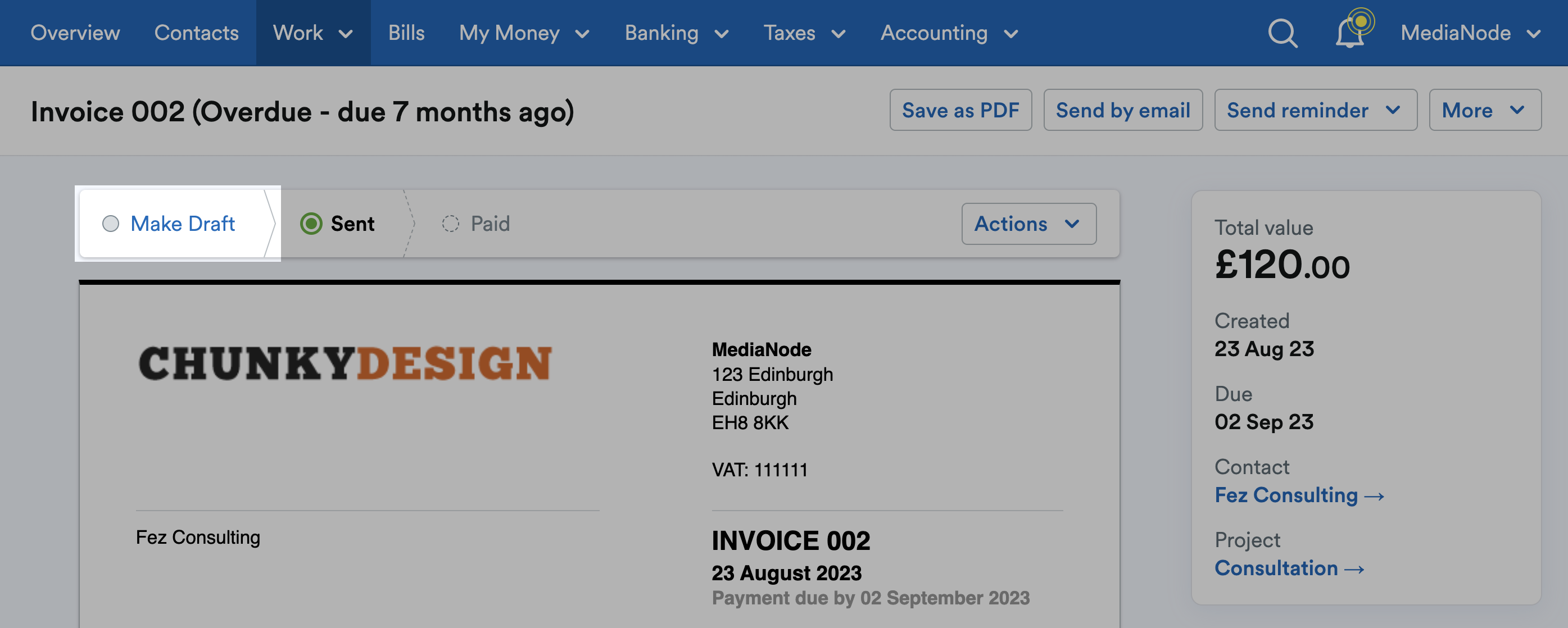 Make Draft option highlighted above the invoice