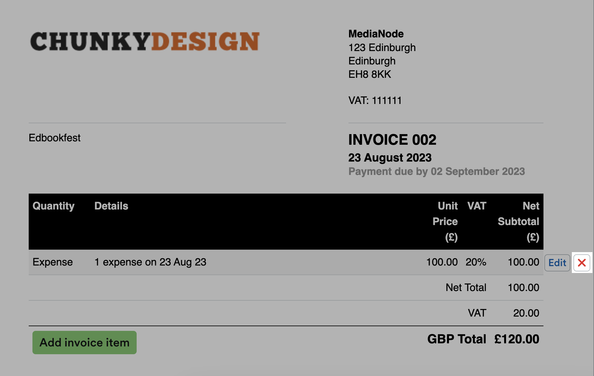 Cross highlighted to the right of the invoice