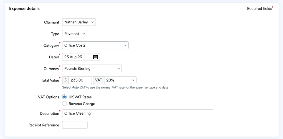 Expense details section where changes would be completed