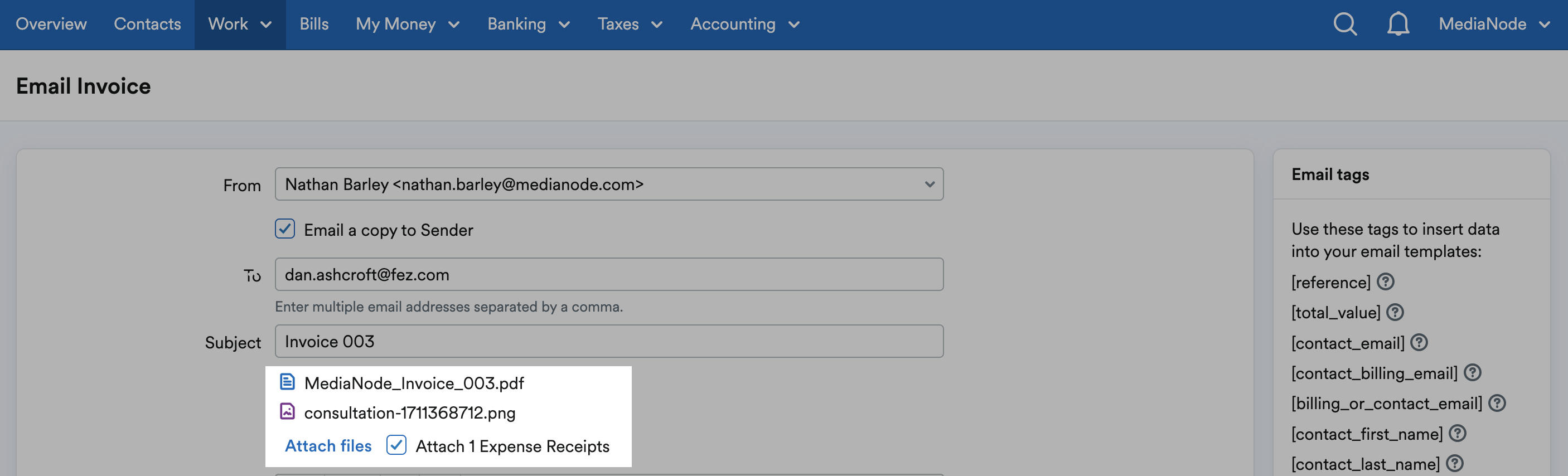 Attachments highlighted on Email Invoice page.