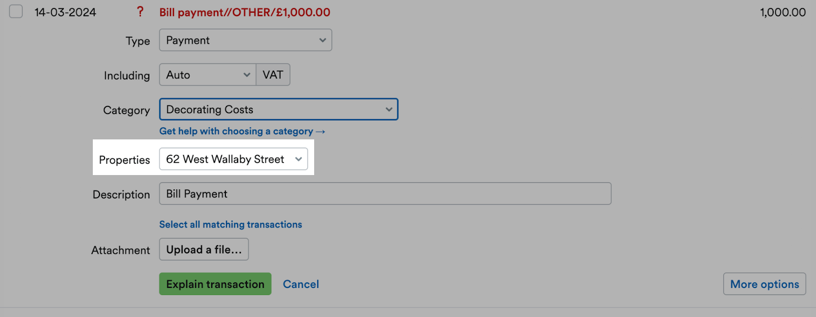 Properties drop-down menu highlighted for a bank transaction being explained