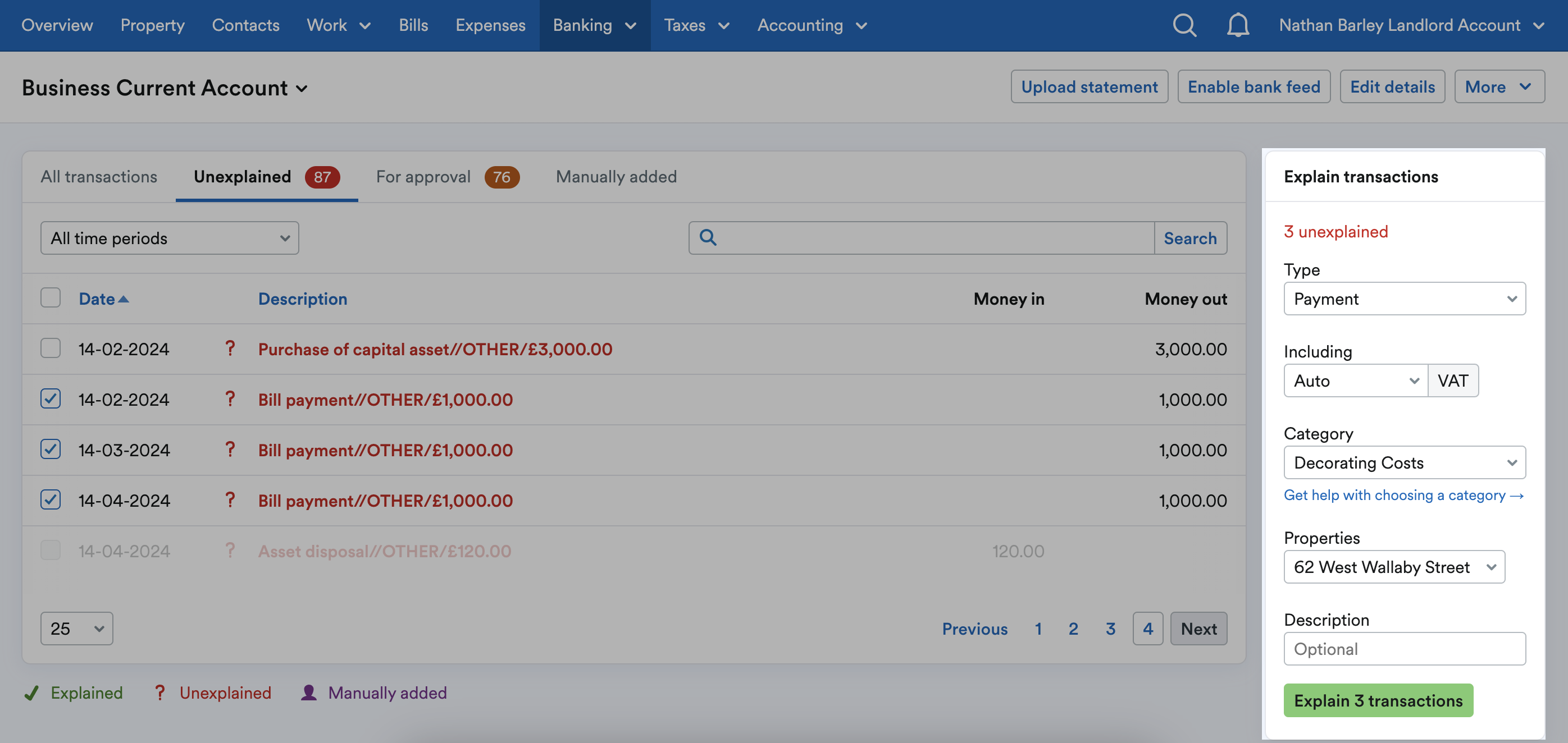 Explain transactions panel highlighted with relevant options selected for explaining multiple transactions to the same cost category.