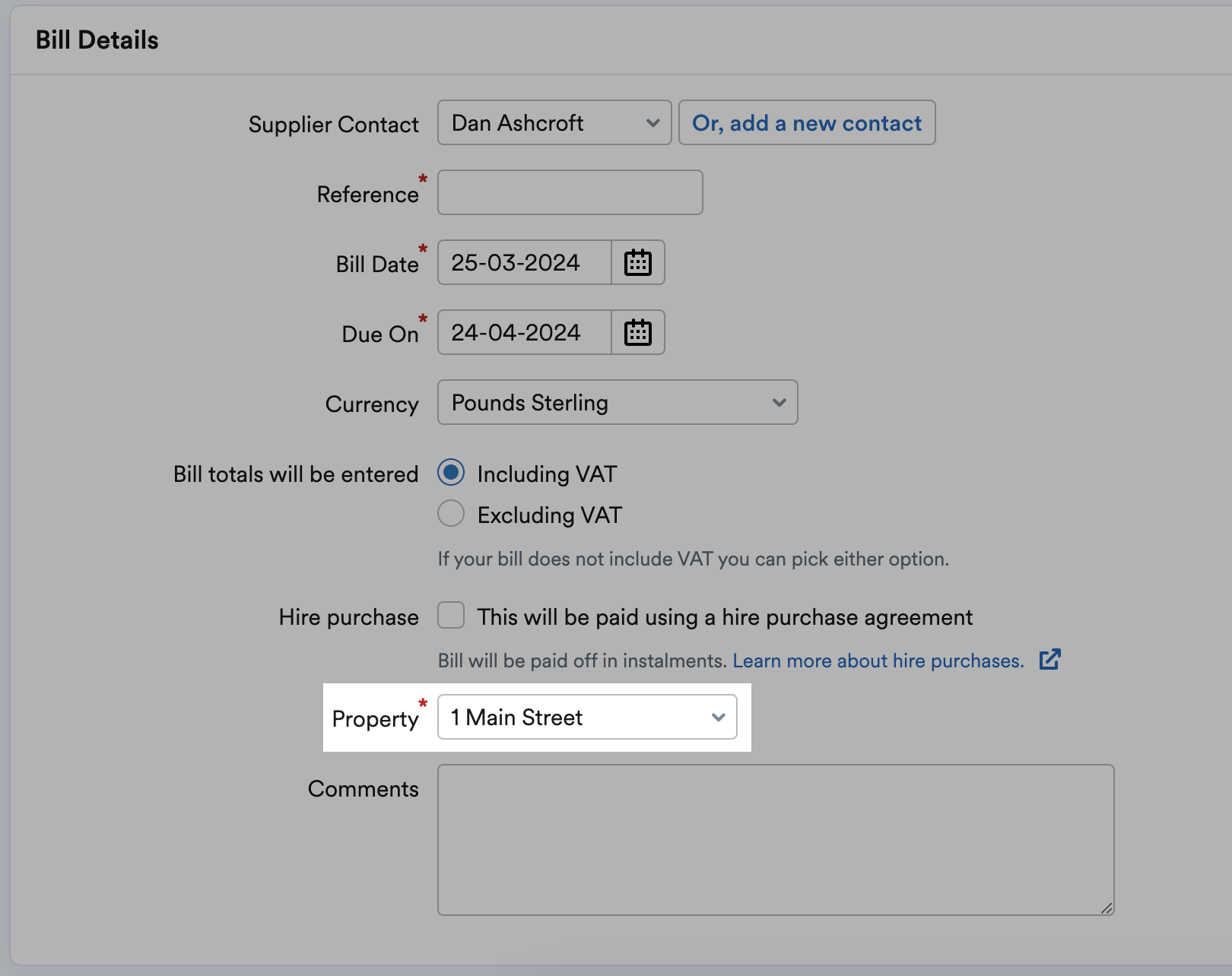 Bill details section for adding a new bill