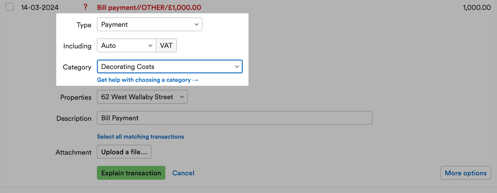 Type and category drop-down menus highlighted for a bank transaction being explained.