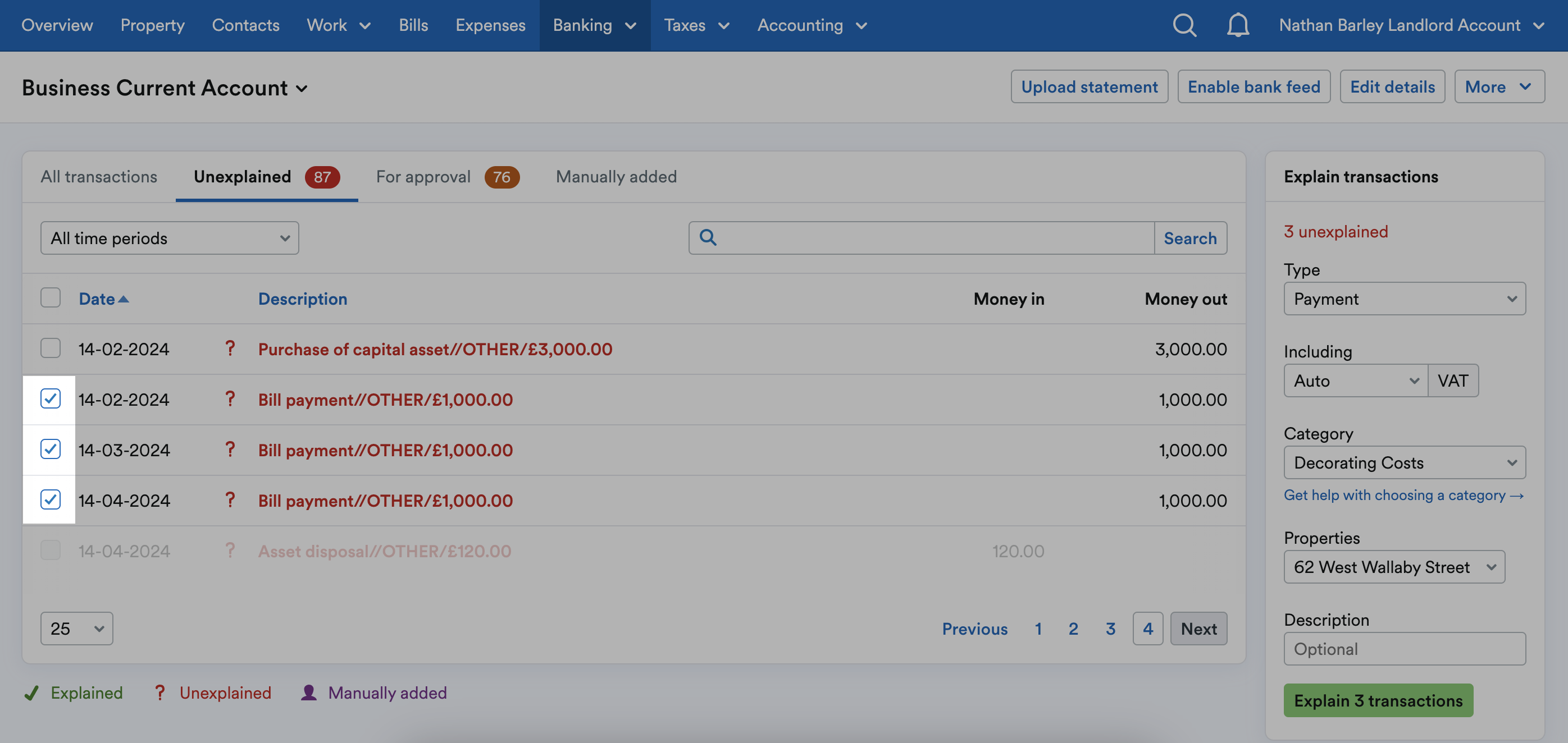 Checkbox next to multiple transactions being selected.