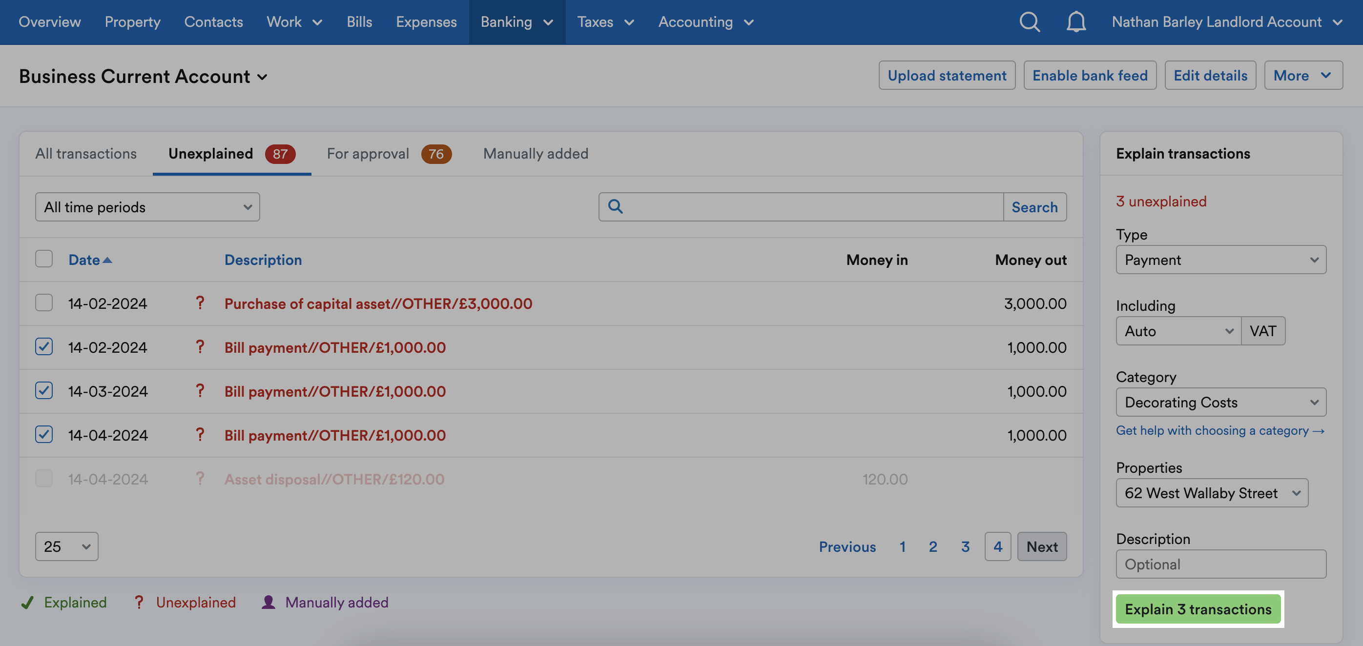 Explain transactions button highlighted