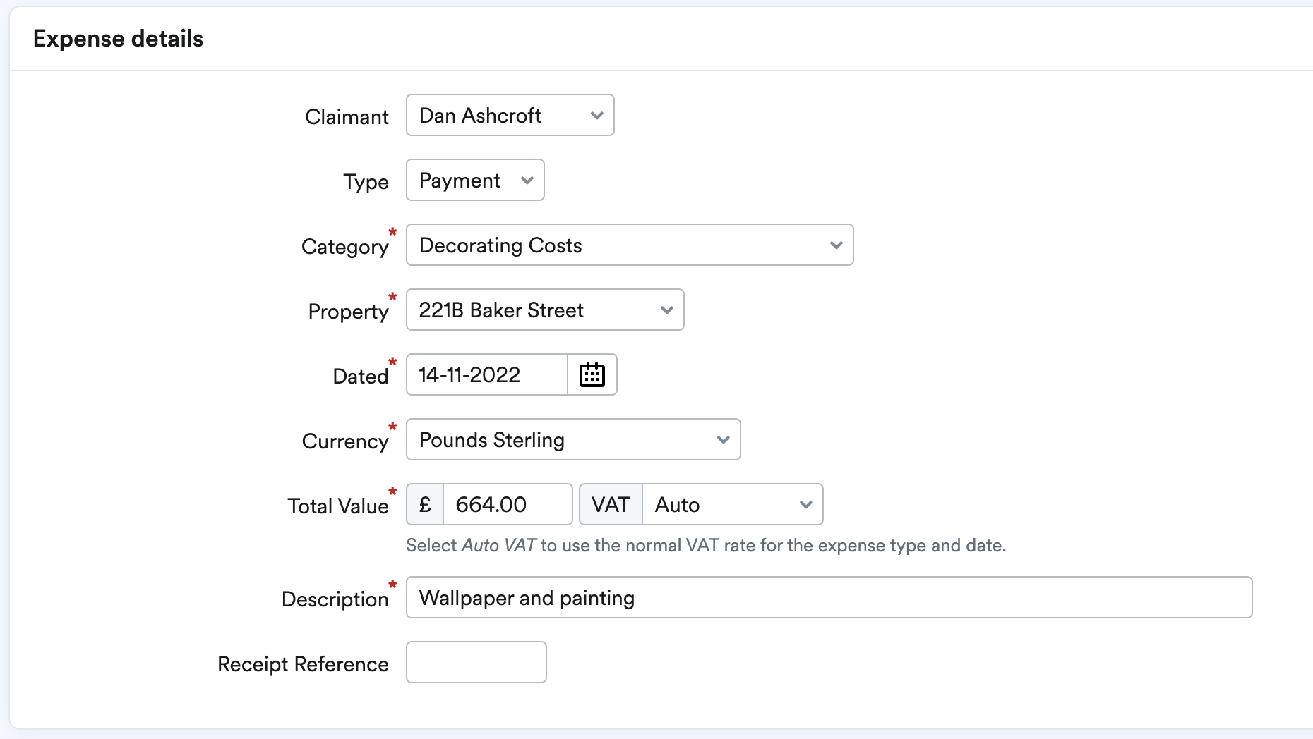 Expense details section of out of pocket expense form