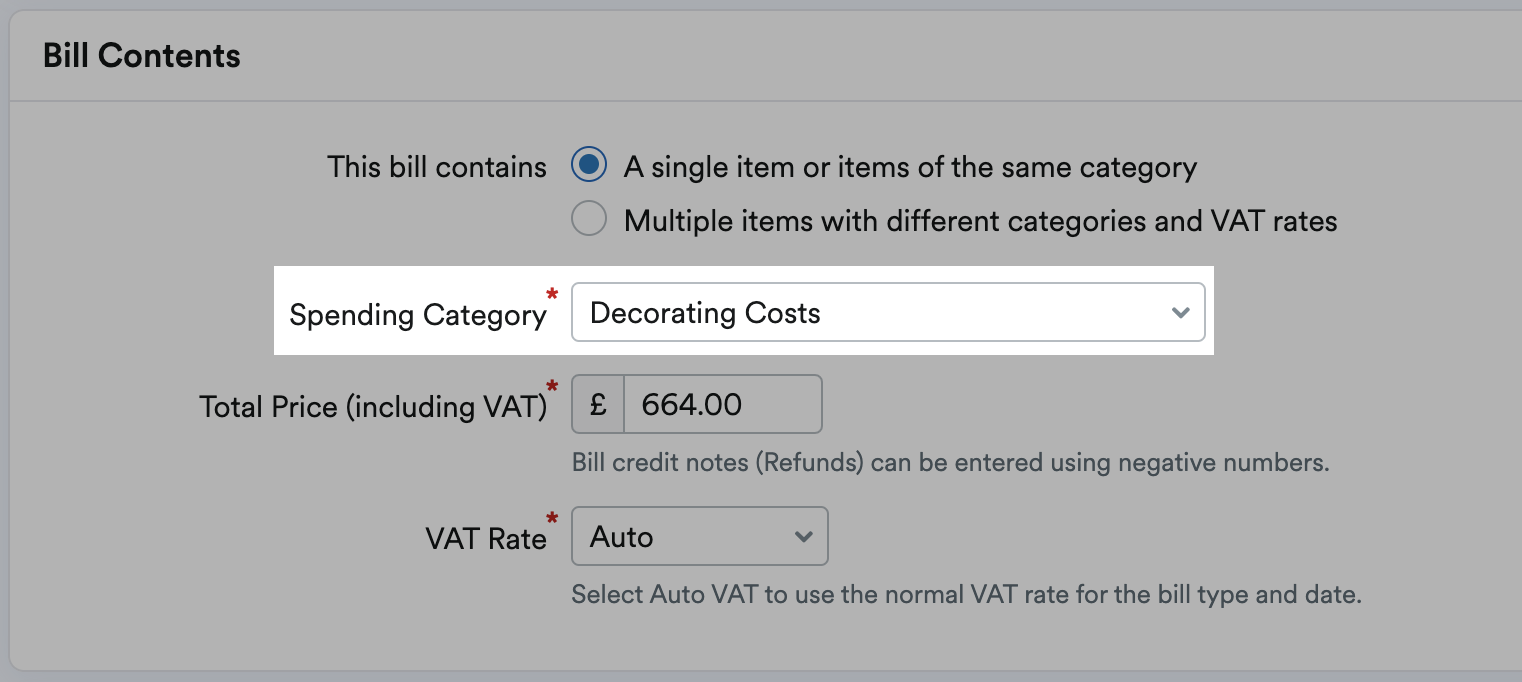 Spending category highlighted within Bill Contents section.