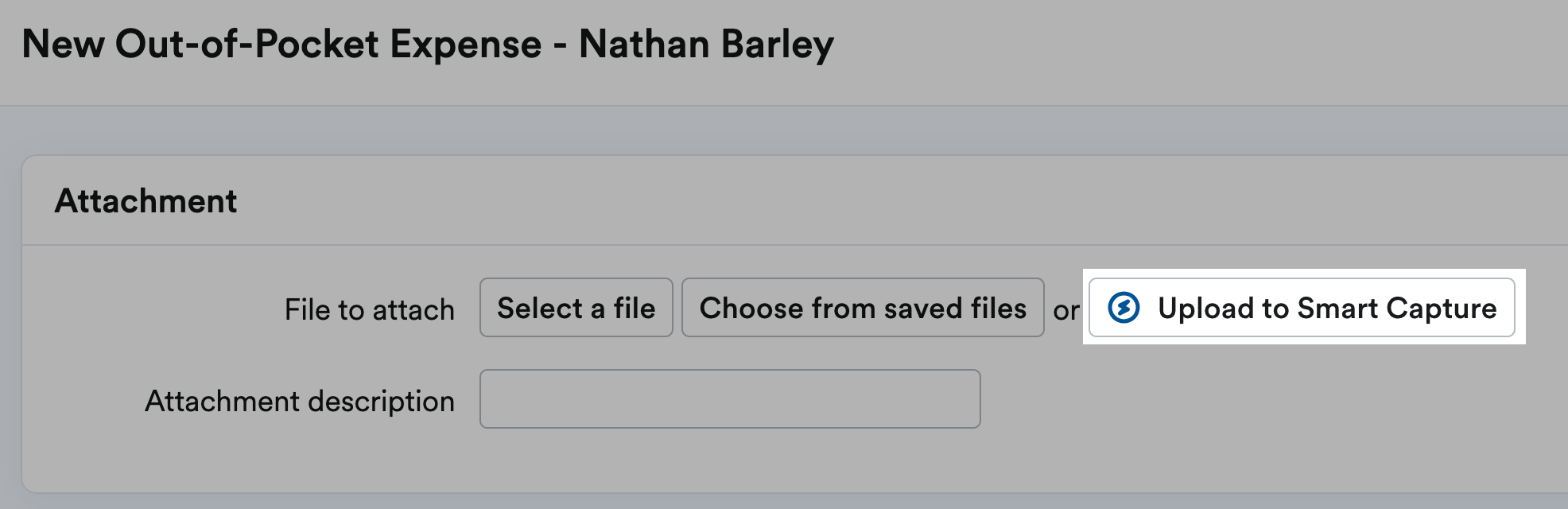 'Upload to Smart Capture' highlighted on New out of pocket expense page.