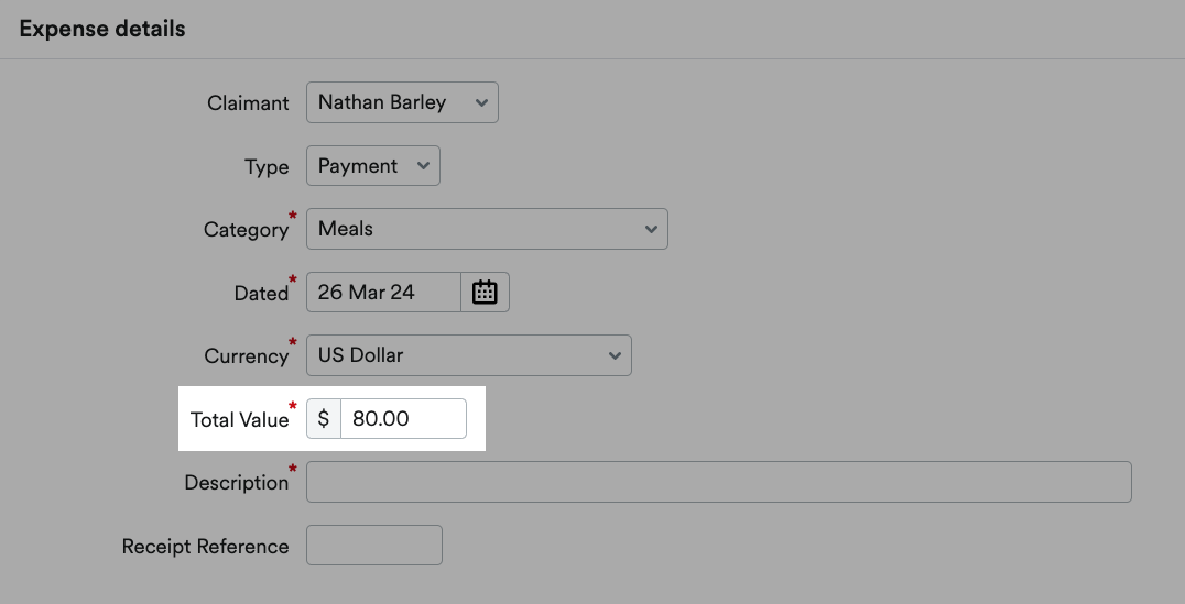 Example amount input in Total Value field.