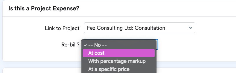 Re-billing options listed in drop down menu.