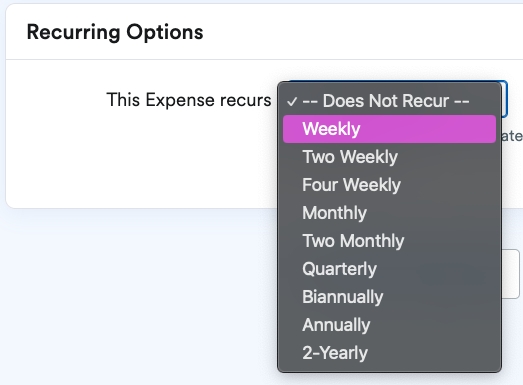 Recurrence options listed in drop down menu.