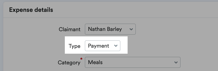 Payment selected as Type.