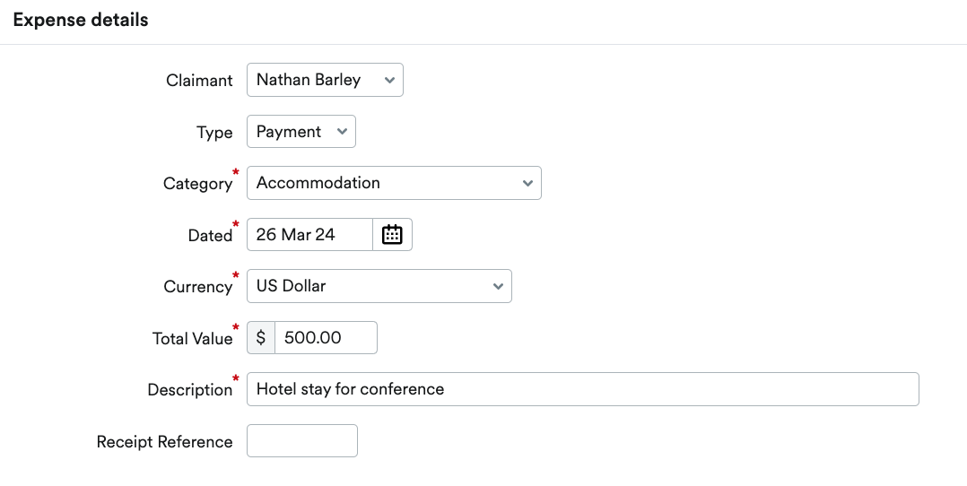 Expense details section where the changes are made