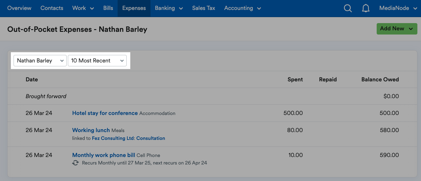 User and time period filters on Expenses screen