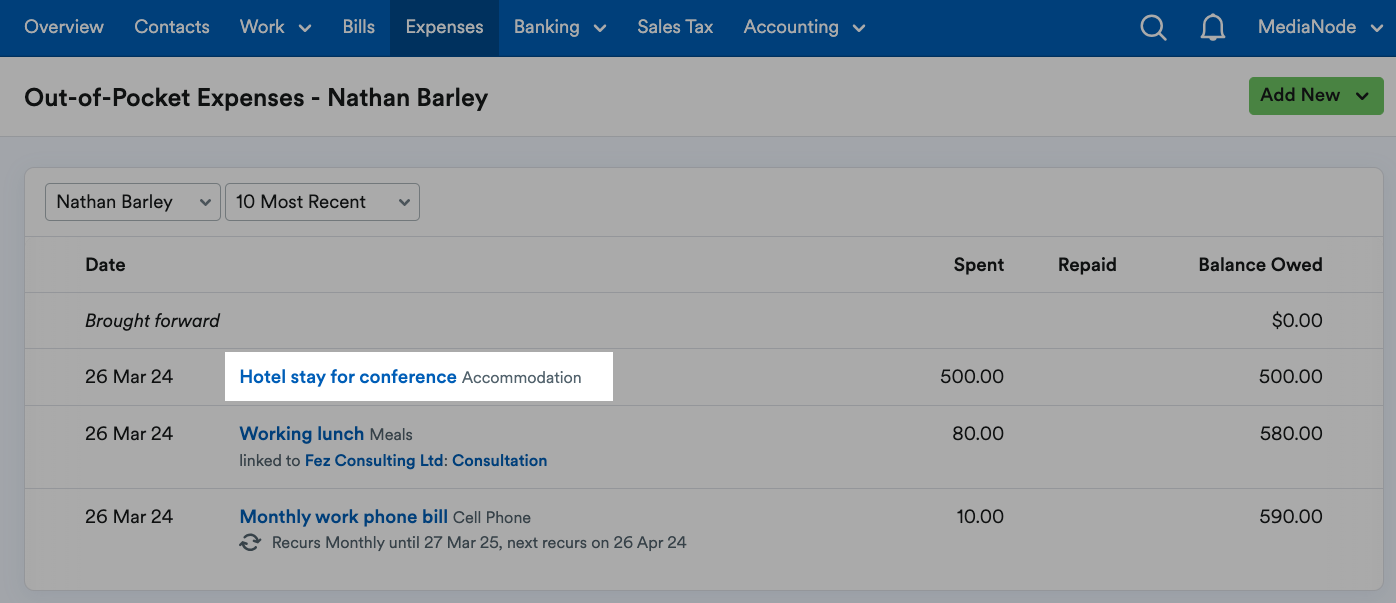 Expense highlighted in the list