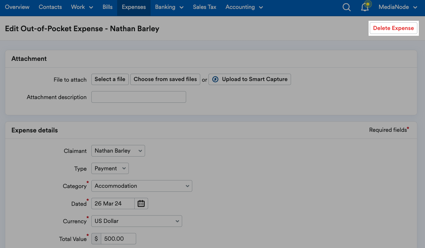 Delete expense button highlighted