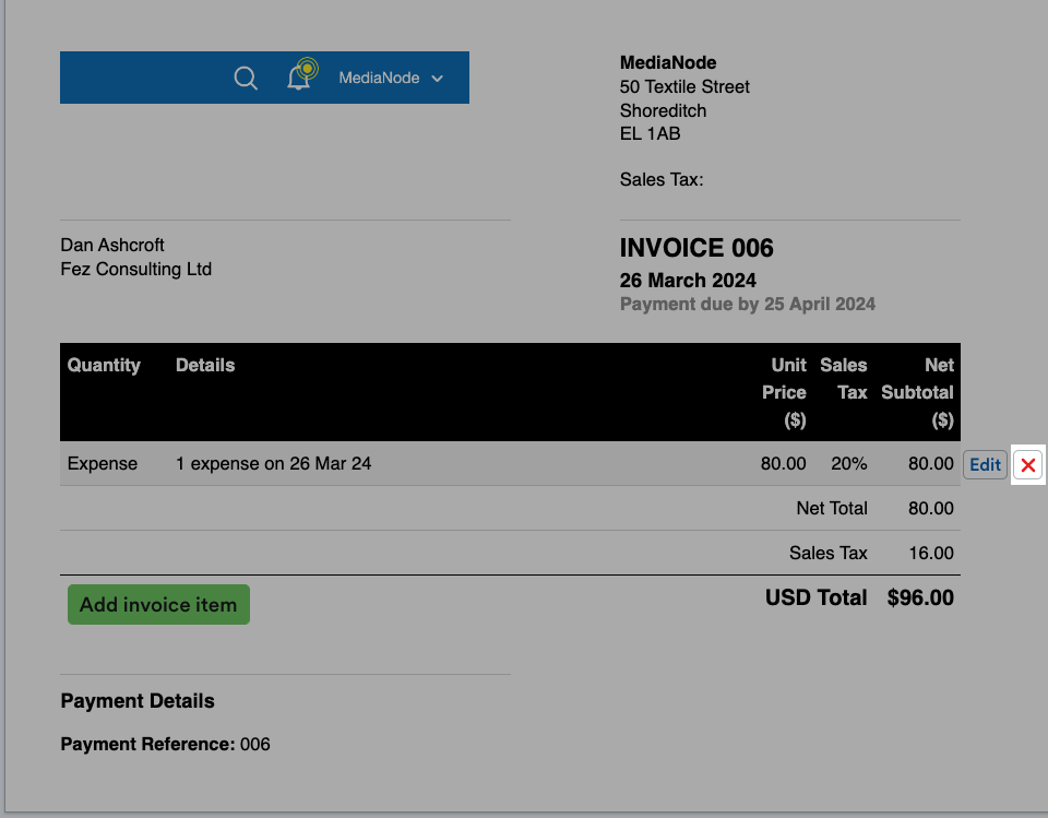 Cross to the right of the line item highlighted
