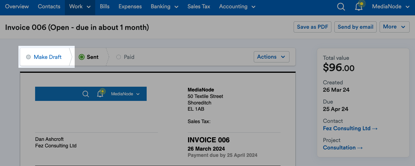 Make Draft highlighted above an invoice