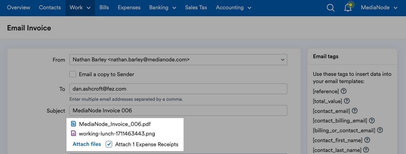 Attachments highlighted on Email Invoice page.