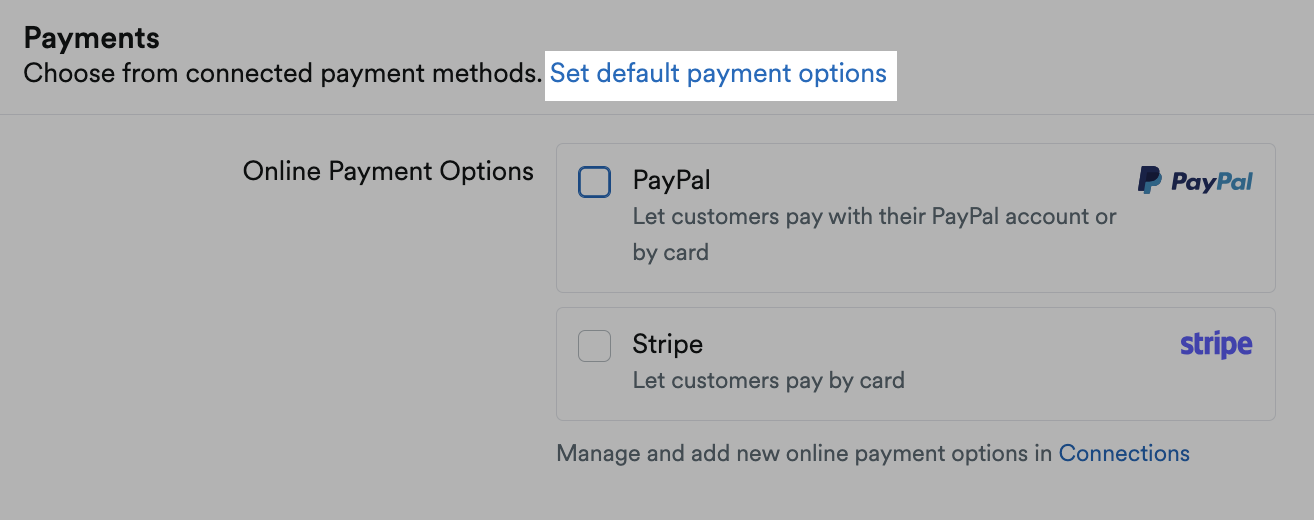 Set default payment options link highlighted on payments section of invoice form