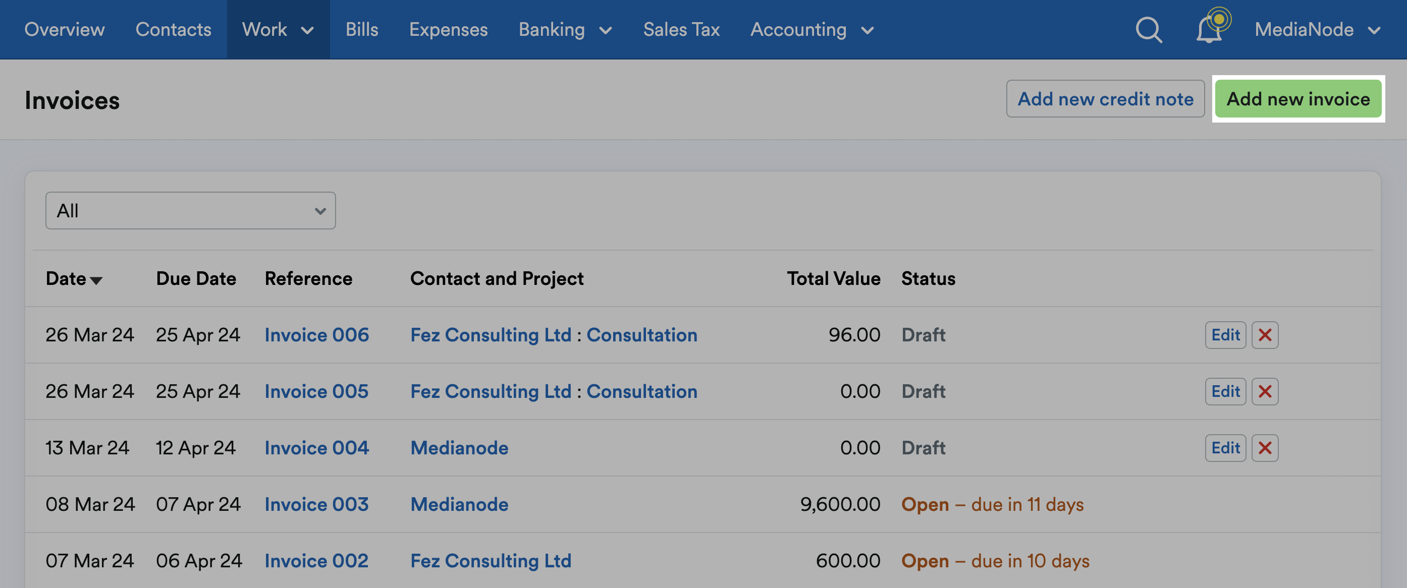 'Add new invoice' button on invoices page.