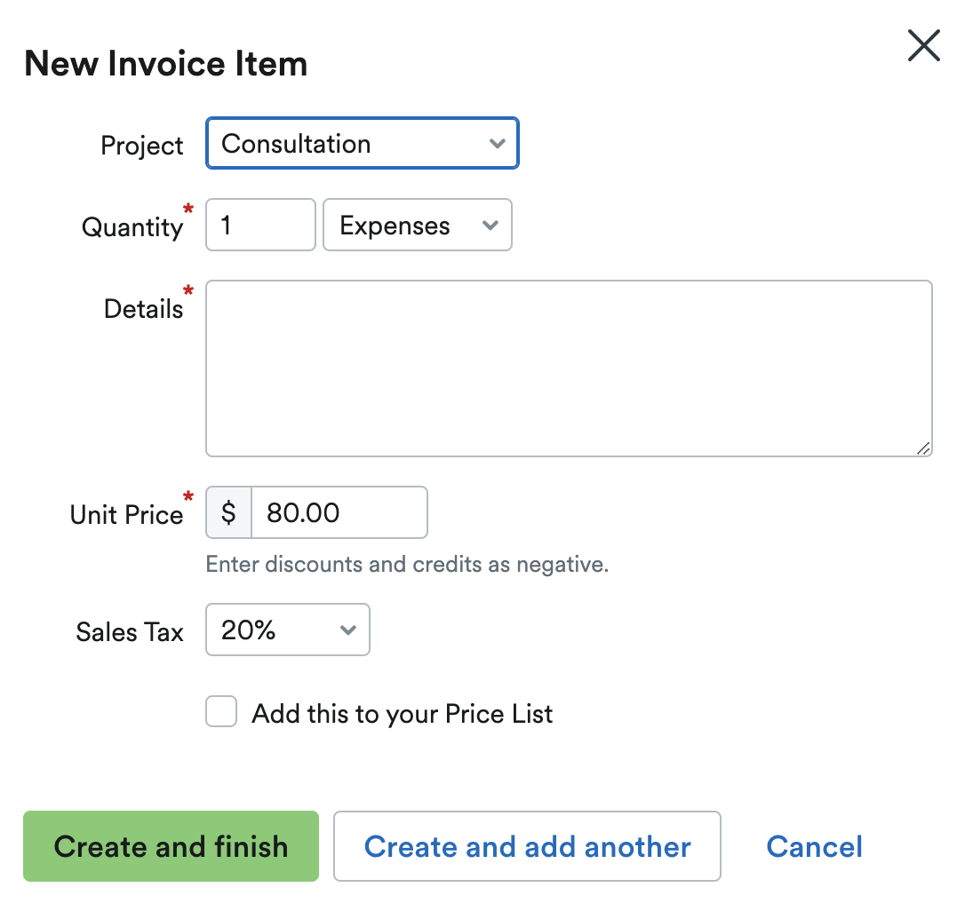 Example New Invoice Item.