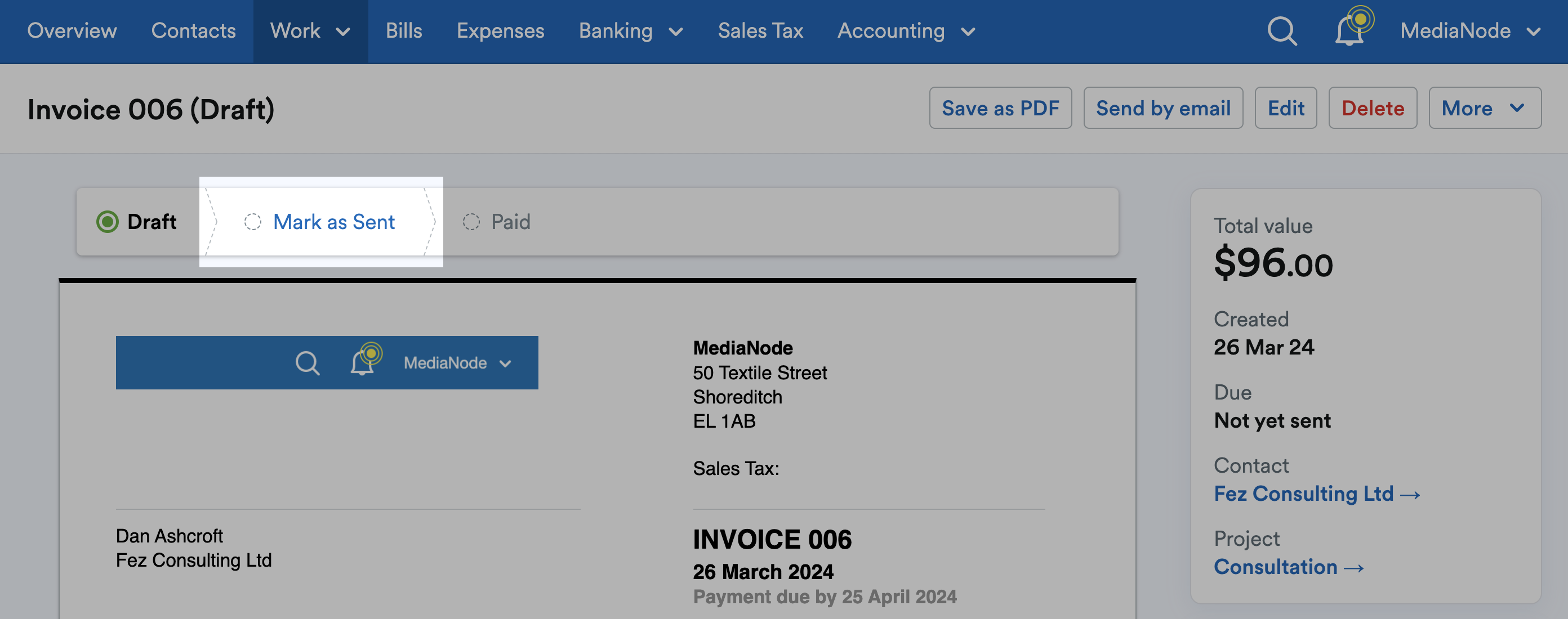 'Mark as Sent' button highlighted at top of invoice.
