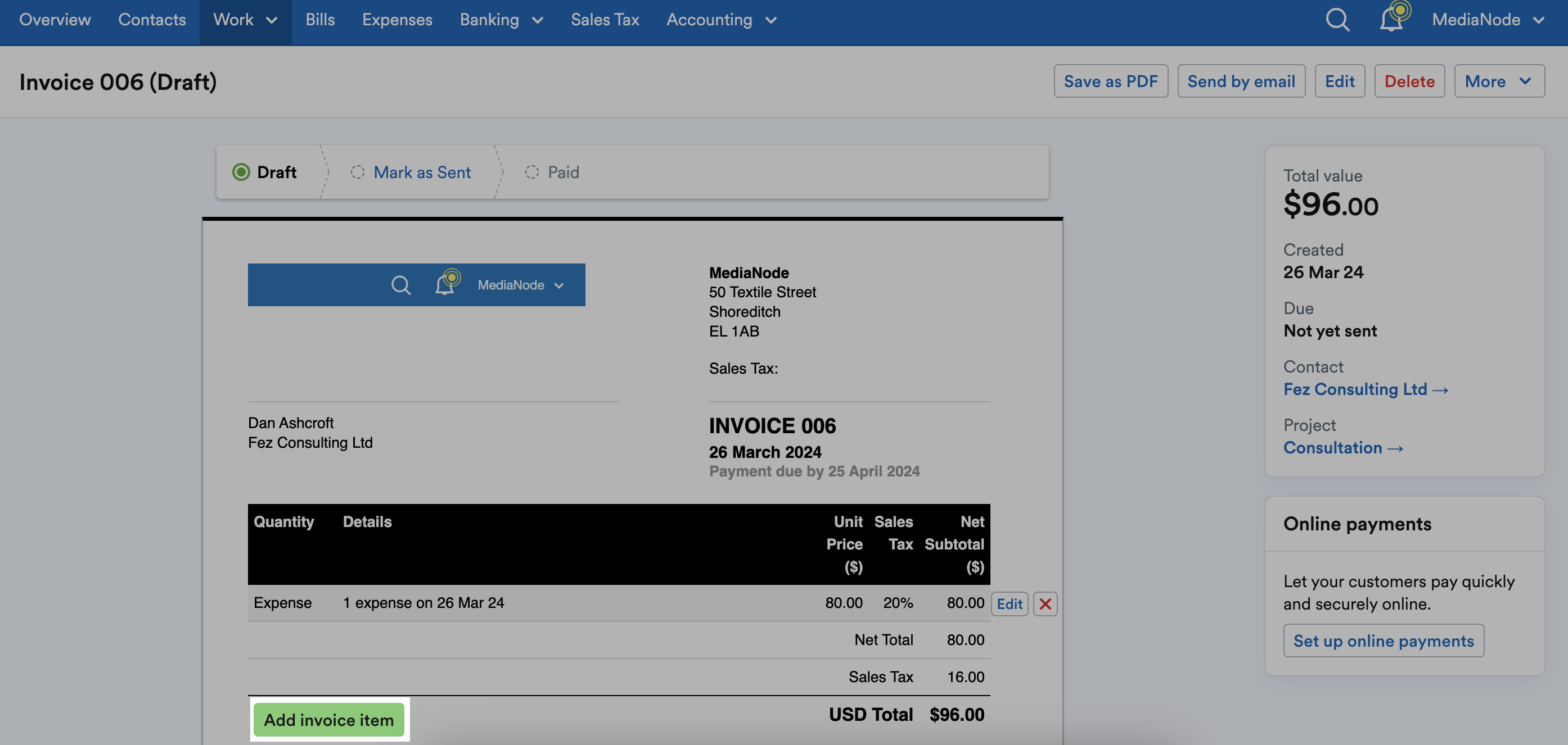 'Add Invoice Item' button highlighted in Invoice.
