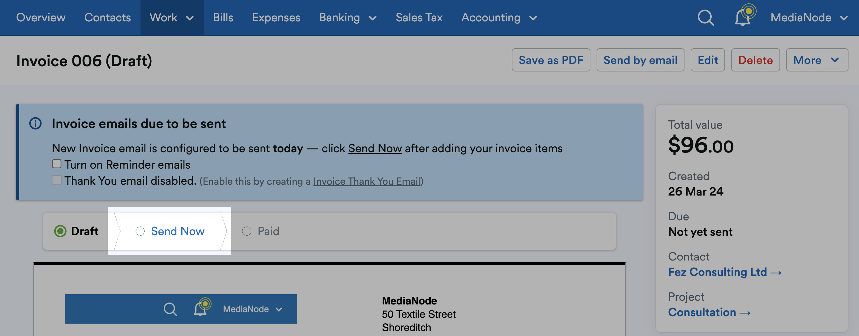 'Send Now' button highlighted at top of Invoice.