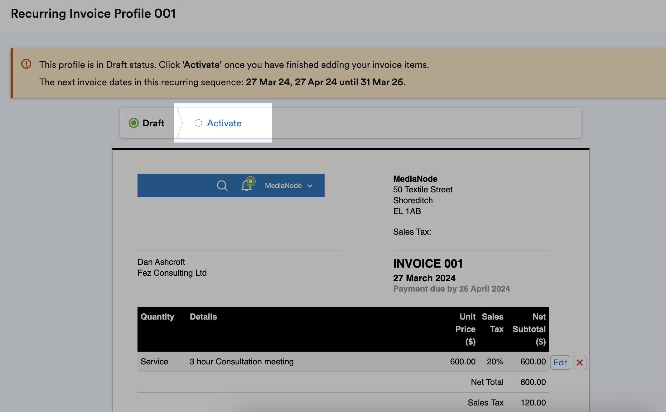 'Activate' button highlighted at top of Recurring Invoice Profile.