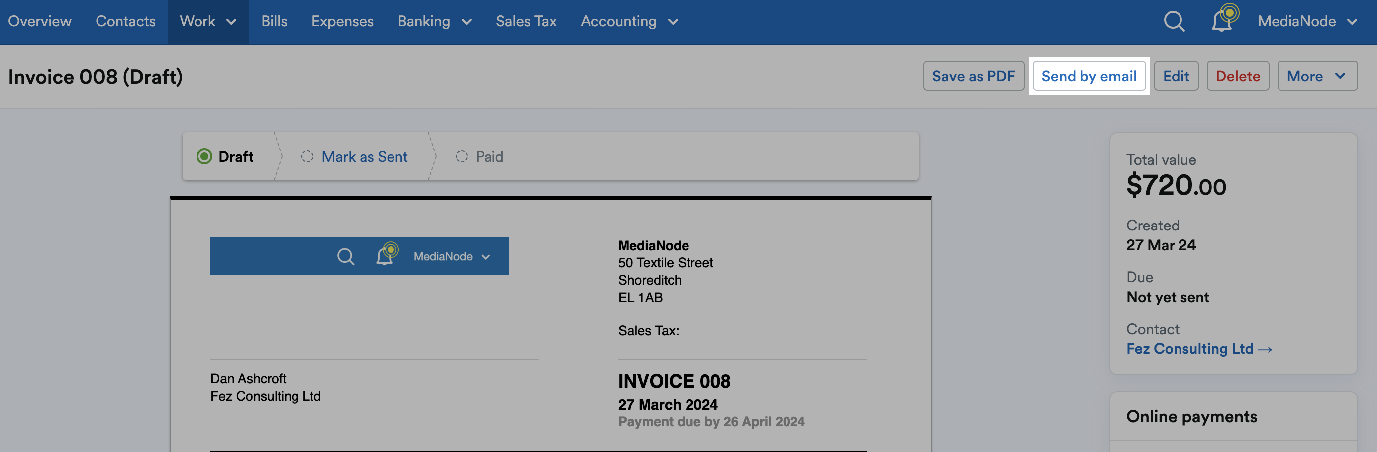 'Send by email' button highlighted at top of Invoice.