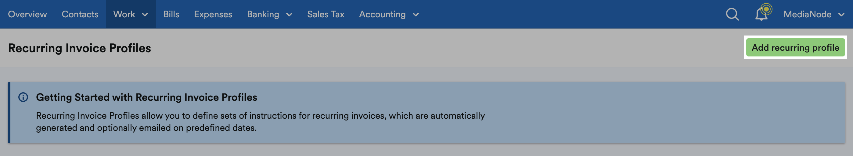 'Add recurring profile' button highlighted on Recurring Invoice Profiles page.