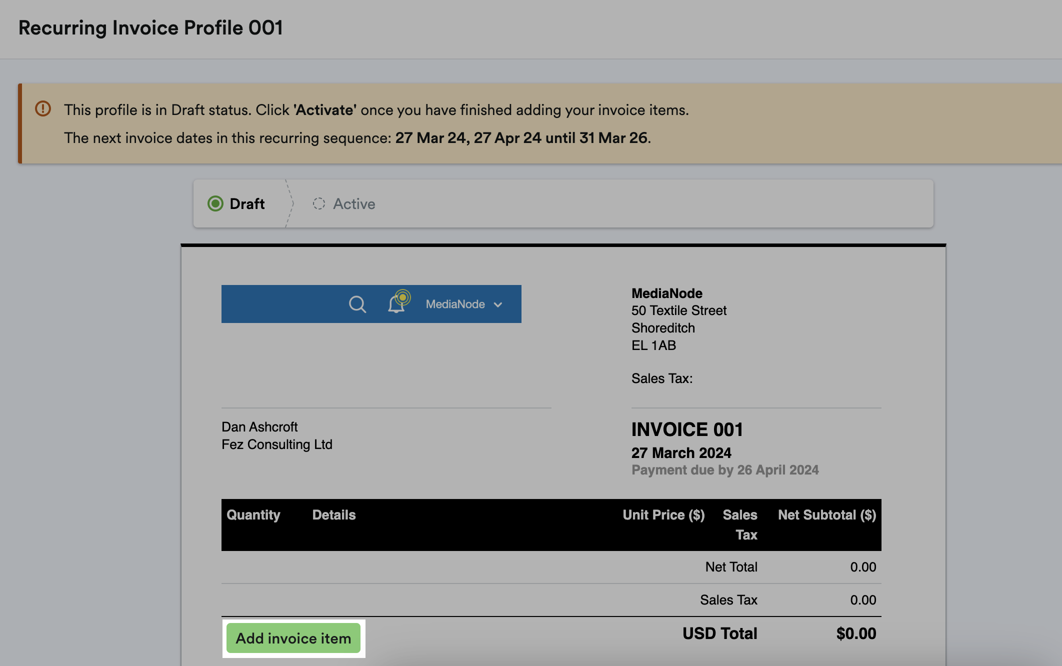 'Add Invoice Item' button highlighted on Recurring Invoice Profile.