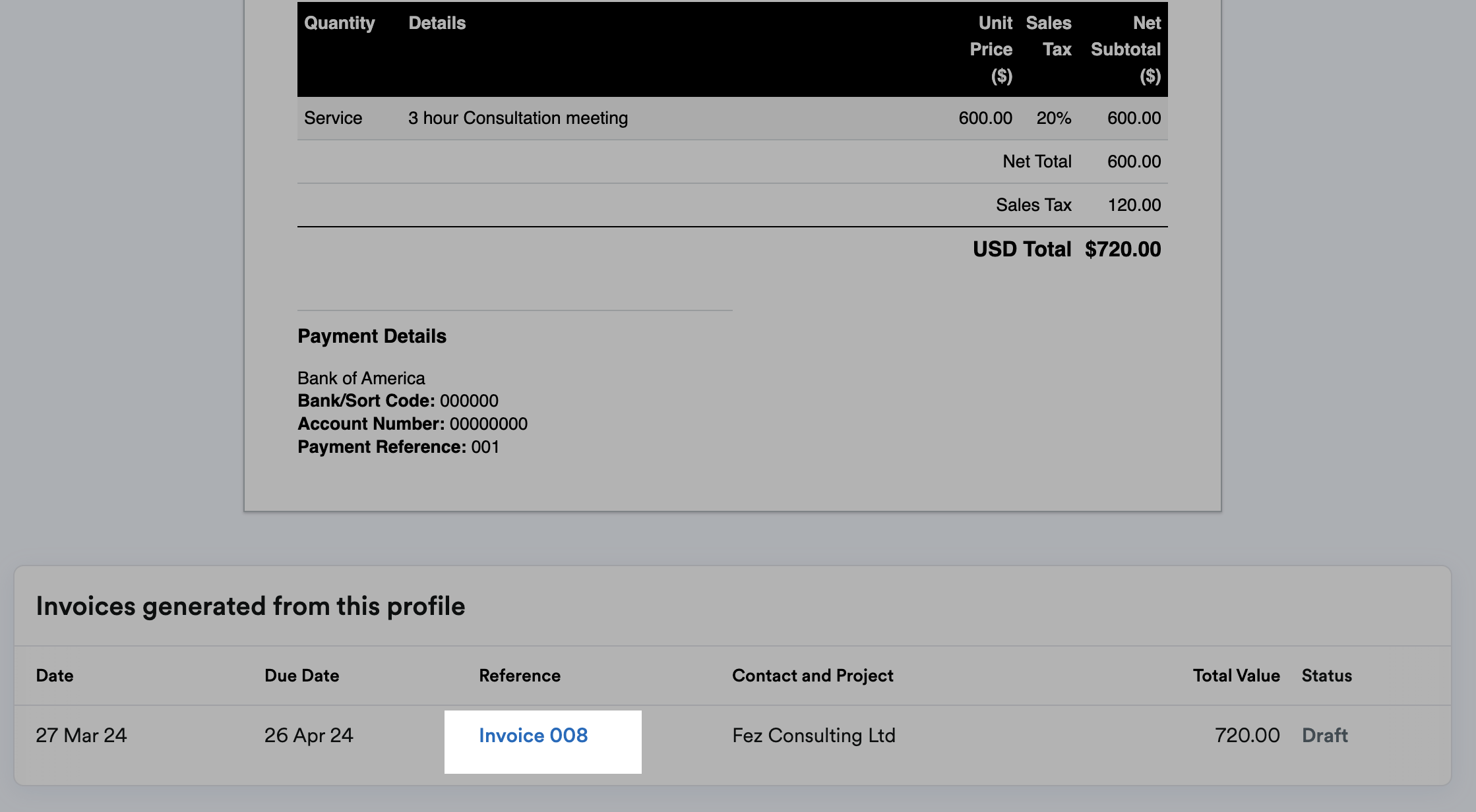 Invoice listed under Reference table header.