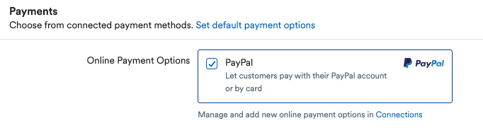 Payments section of invoice form with PayPal selected