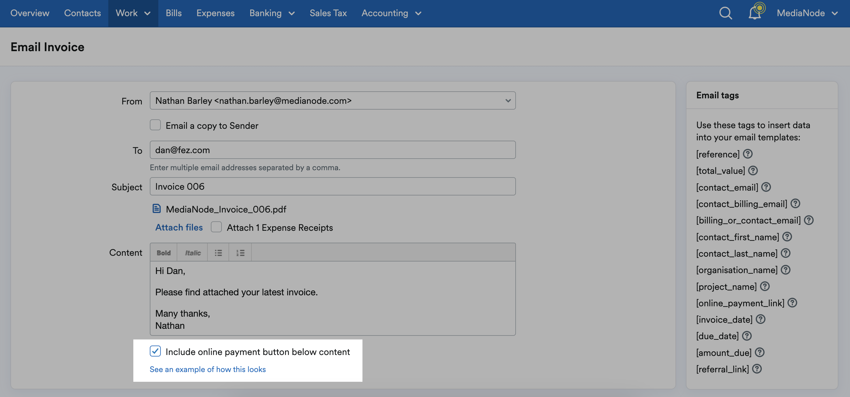 Email invoice screen with box checked to include payment button in the email