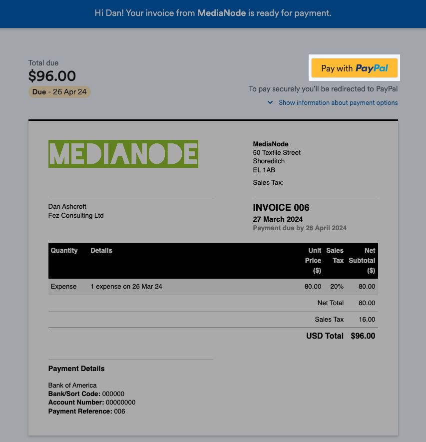 FreeAgent invoice with Pay with PayPal button highlighted