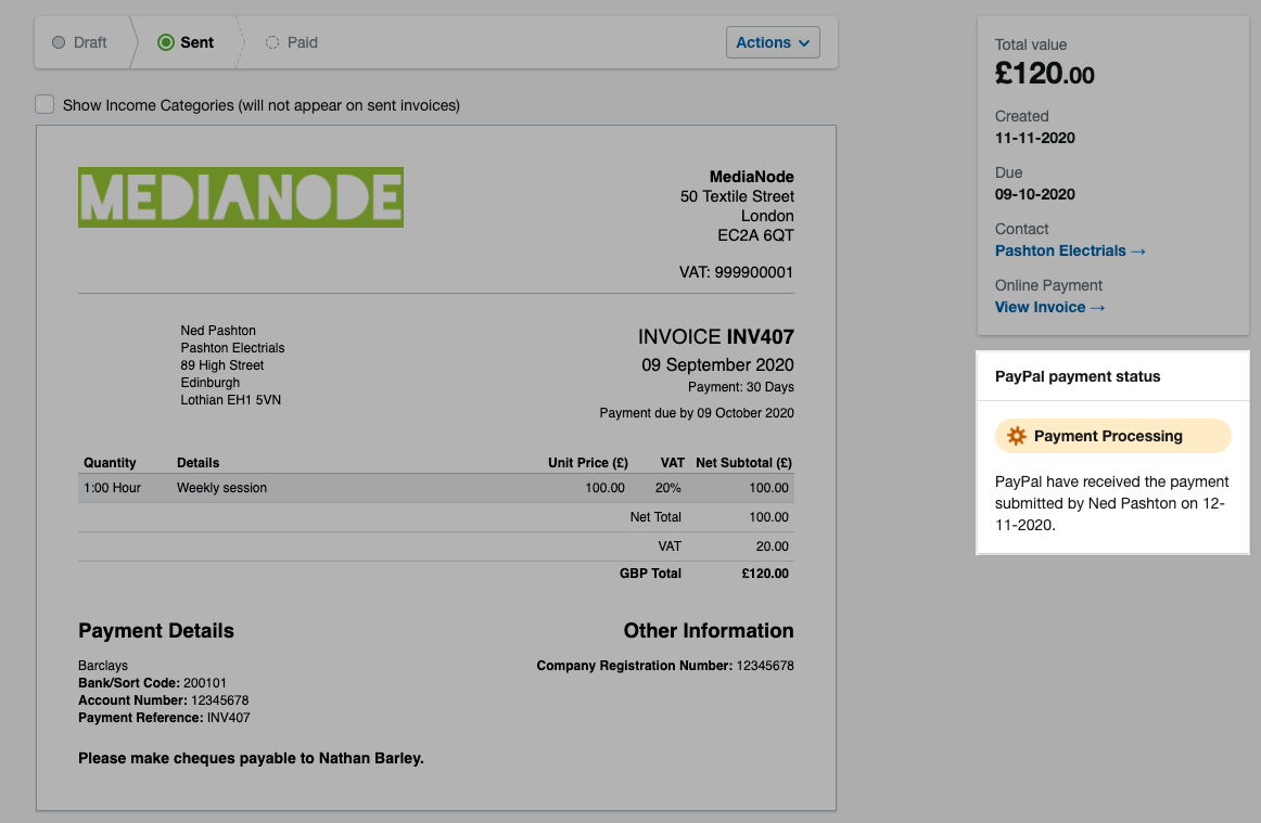 PayPal payment status showing as payment processing