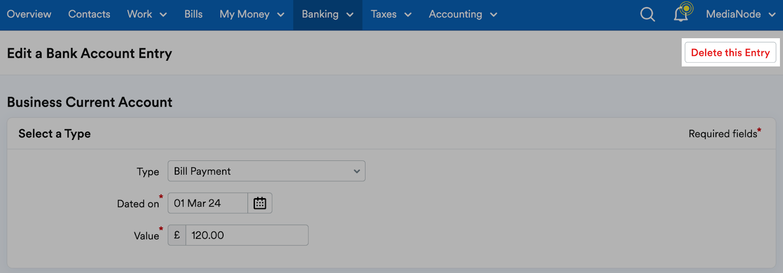 Delete this entry button highlighted