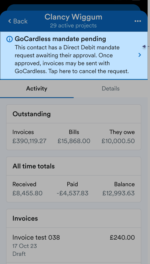 Message saying the GoCardless mandate is pending.