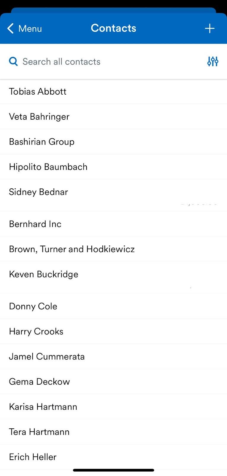 List of contacts on Contacts screen.